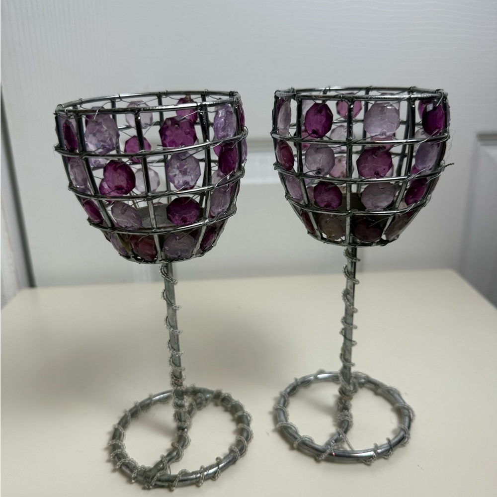 Set of 2 Purple Crystal Beaded Candle Holders Glam Decor - Picture 3 of 16